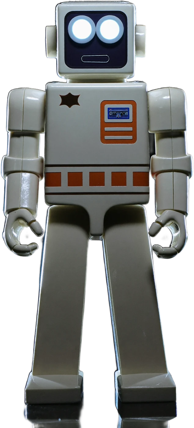 Unit 001 — the Automi studio mascot: a cream vintage-style robot with glowing eyes