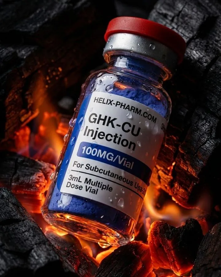 Cover of the Helix Pharm project: the peptide vial beaded with condensation, nested in glowing embers