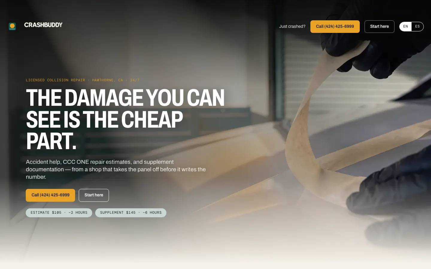 CrashBuddy — collision-shop site concept, dark hero